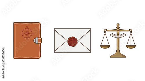 Classic Legal And Secretarial Stationery Vector Set With Leather Journal Wax Envelope And Scale