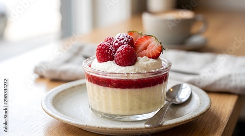 Raspberry Dessert, Sweet Treat, Delicious and delicate raspberry dessert with vanilla cream, strawberry and whipped cream Selective focus