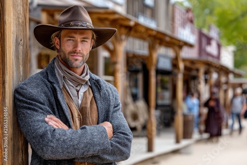 Cowboy standing confidently in a rustic western town during sunny daylight