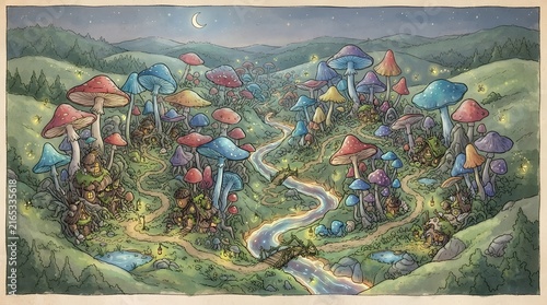 Magical Mushroom Village Fantasy Map Watercolor Art Illustration