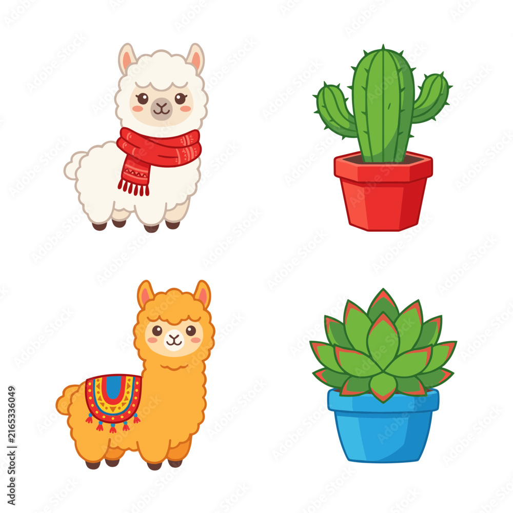 Naklejka premium Cute Cartoon Alpaca Llama Characters with Potted Cactus Succulent Plants