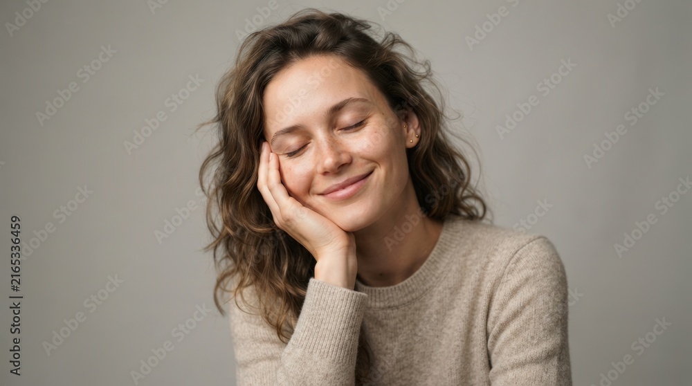 Obraz premium Professional portrait of a cheerful young woman with closed eyes, perfect for lifestyle marketing, branding, wellness campaigns, and social media content showcasing positivity and relaxation.