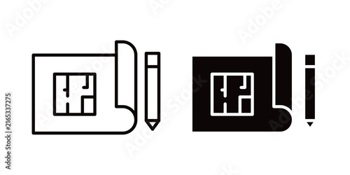 Floor plan icon in outline and solid style, isolated on white background. Ideal for architecture, interior design, real estate, and construction related features in mobile and web design.