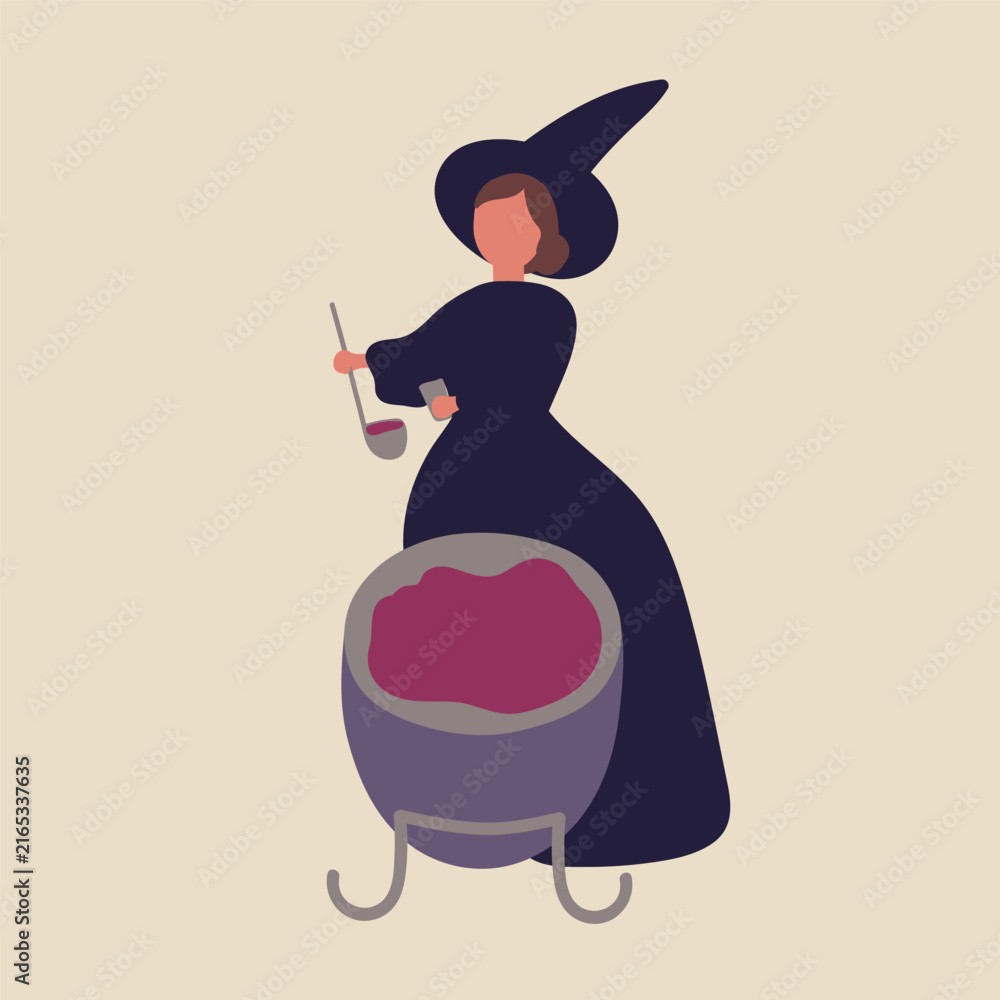 Obraz premium Witch at Halloween cauldron, brews magic soup. Witch brewing magic potion in Halloween caldron. Woman in hat and dress, cooking poison in cauldron for witchcraft, spell. Flat vector illustration