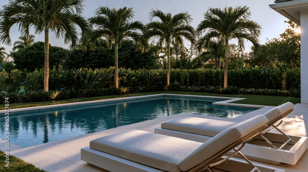 Naklejka premium Modern villa garden with swimming pool palm tree sun loungers tropical landscape outdoor relaxation luxury summer sunlight