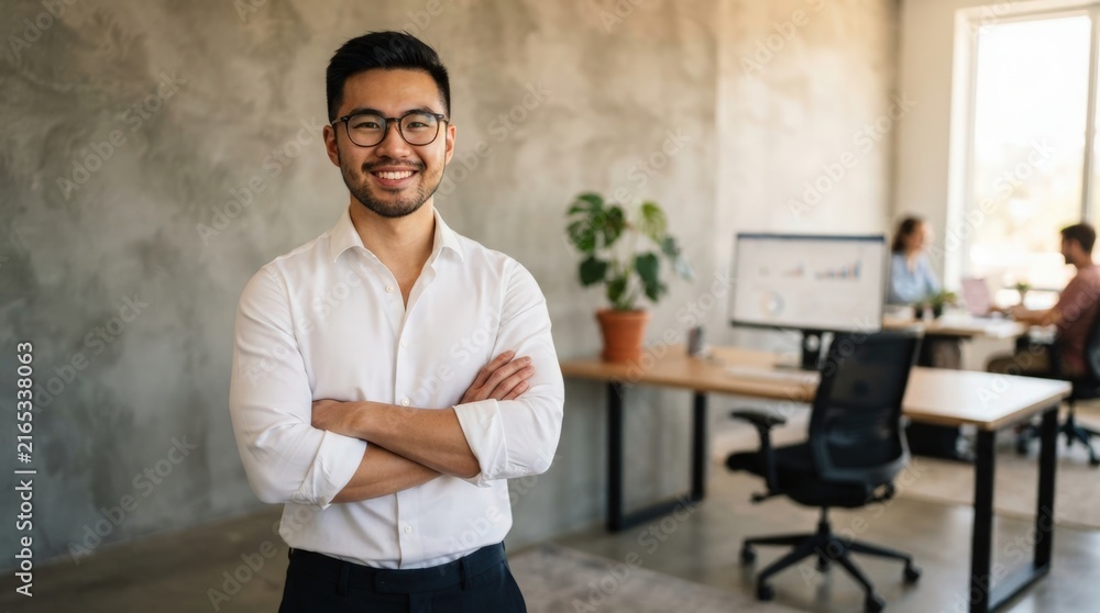 Fototapeta premium Confident young professional man with arms crossed in modern office setting, ideal for corporate marketing, web design, and motivational business presentations with bright natural lighting.