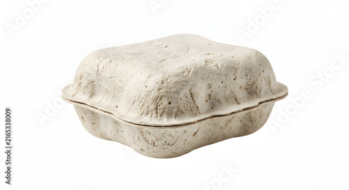 Eco friendly clam shell container made from sustainable mycelium mushroom packaging. Innovative zero waste packaging prototype made of natural fibrous fungal mycelium.