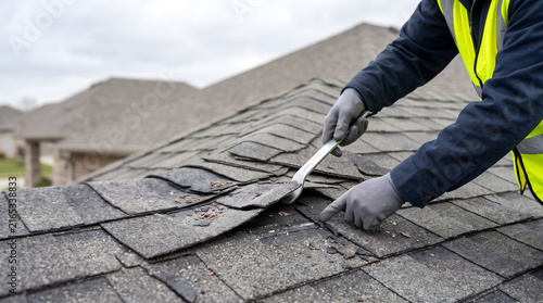 Inspection, Architecture, Storm Damage Roof Inspection- Inspecting roof damage from a storm for insurance purposes Concept- Roof Inspection, Storm