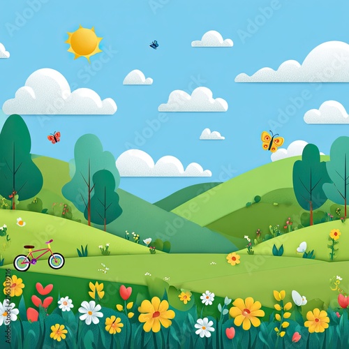 Springtime Landscape with Flowers and Butterflies