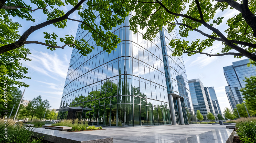 Fototapeta premium Modern Glass Skyscraper Office Building Framed by Green Tree Branches in Business District