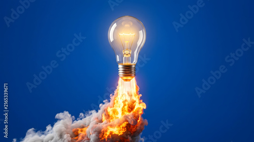 Innovation, Rocket, A lightbulb taking off like a rocket, symbolizing innovative ideas, creativity and progress, with a powerful thrust against a blue