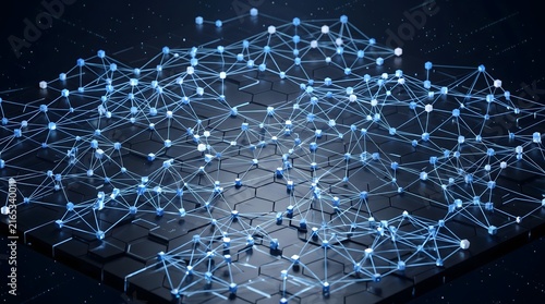 Isometric 3D view of a decentralized network showing endpoint neurola