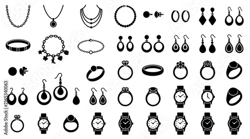 Minimalist jewelry icon set with 40 black vector elements, elegant fashion accessories collection featuring rings and earrings, luxury watches and necklaces for retail branding and web design