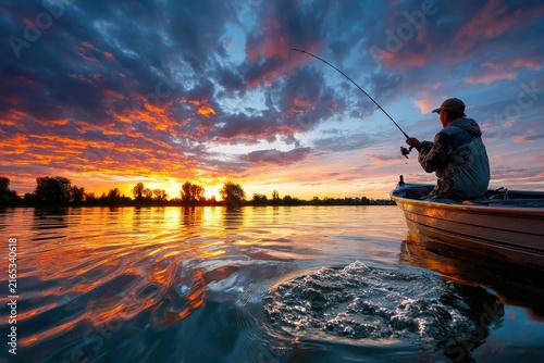 Fishing at sunset from a boat