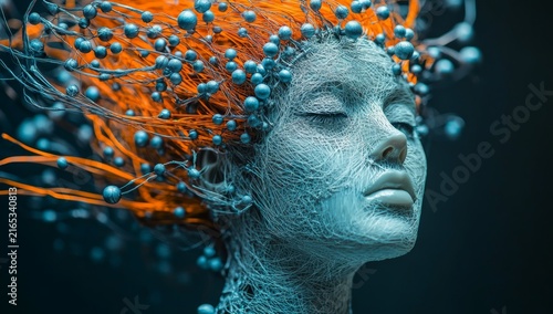 A beautiful female mannequin with hair made of orange and black wires, the head is covered in many small gray metal spheres and blue tubes that form an intricate 