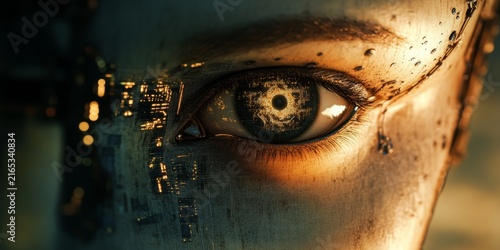 A close-up of an AI robot's face, with intricate circuitry visible beneath its skin and the reflection in one eye mirroring the surrounding technology