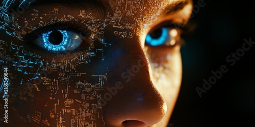 A close-up of an AI-generated female face with robotic features, featuring intricate circuit patterns and glowing blue eyes.