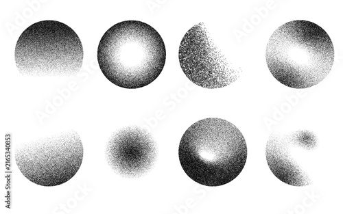 Stipple dot grain sphere texture set circle gradient shading noise effect vector illustration