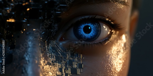 A close-up of an AI-generated human face with digital circuitry patterns, a single blue eye, and a metallic texture