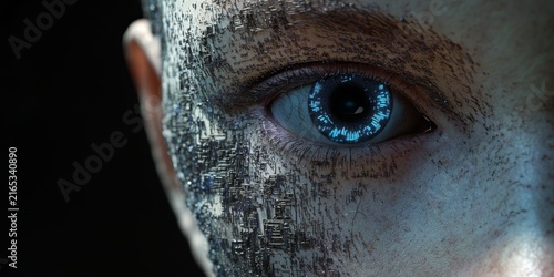 A close-up of an AI-generated human face with digital circuitry patterns, a single blue eye, and a metallic texture