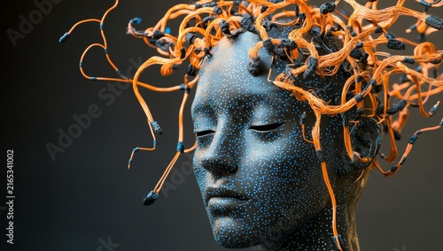 A mannequin head with an elaborate hairstyle made of orange and black wires, connected to the hair by many small blue dots that form patterns on its face