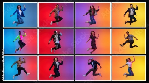 Vibrant, high-energy stock image of diverse professionals mid-jump against colorful gradient backdrops, ideal for dynamic marketing banners, social media ads, and energetic lifestyle campaigns.