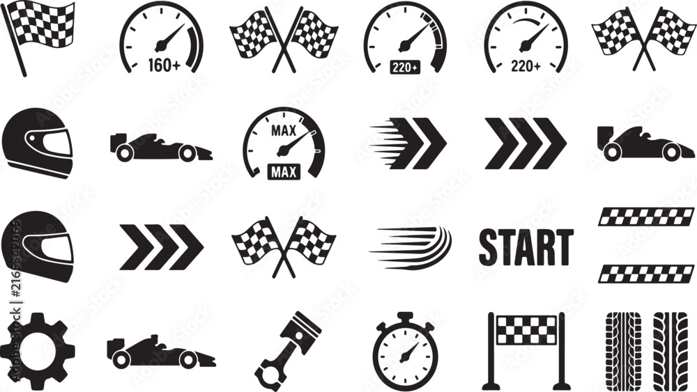 Fototapeta premium Racing Icon Set with Speedometer, Formula Car, Helmet, and Checkered Flag Vector Elements
