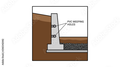 Concrete Retaining Wall Cross Section With Pvc Weeping Holes And Gravel Drainage Base