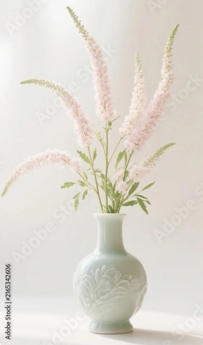 Healing floral still life, pink white astilbe in pale jade embossed porcelain vase, soft morning light with negative space