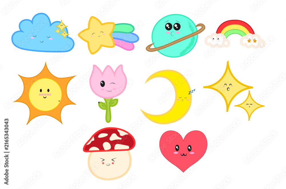 Fototapeta premium Cute Weather and Celestial Characters Vector Set