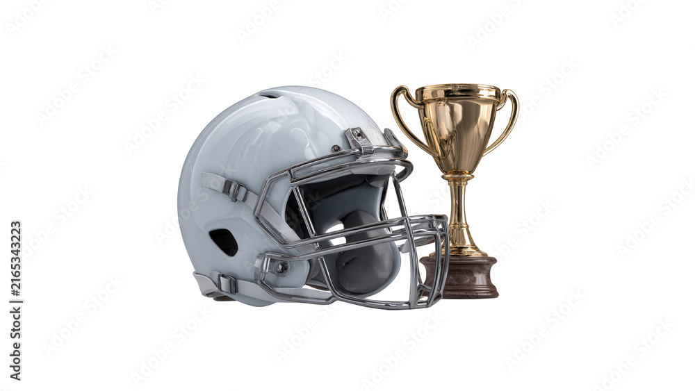 Fototapeta premium Glossy american football helmet and golden trophy cup with white football on transparent background