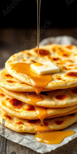 Golden naan bread stack with butter and honey drips, naan, foodie
