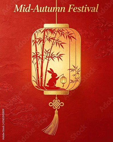 Fine red textured background with rose gold foil, centered rectangular lantern with bamboo and rabbit cutout designs