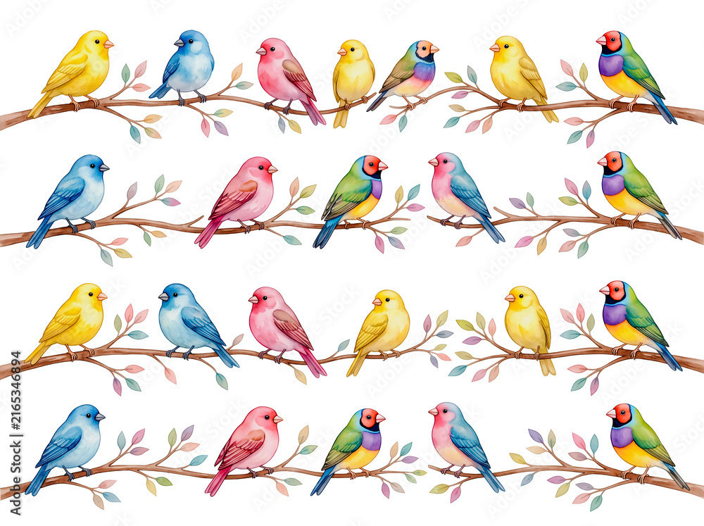 Fototapeta premium Watercolor colorful birds on tree branches seamless pattern set