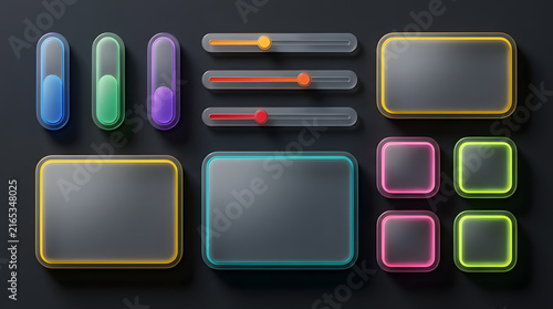 Glassmorphism UI Kit Featuring Sliders, Vertical Capsules, and Frosted Glass Frames with Neon Borders