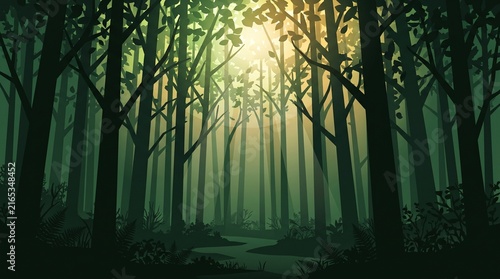 Sunlight Shining Through Tall Trees in Peaceful Green Forest