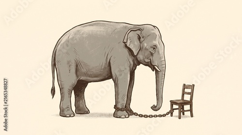 Elephant Chained to a Chair, Conceptual Illustration of Restriction and Captivity