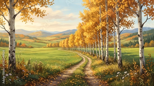 Scenic Autumn Road Through Golden Trees and Green Countryside Landscape