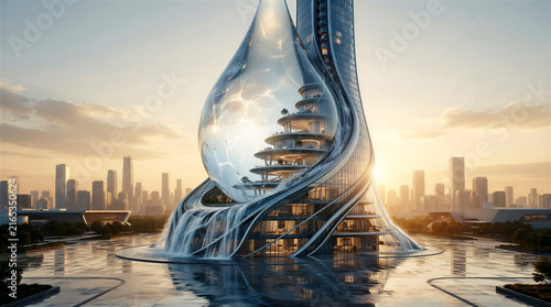 A gigantic transparent water droplet transforms into a monumental futuristic building