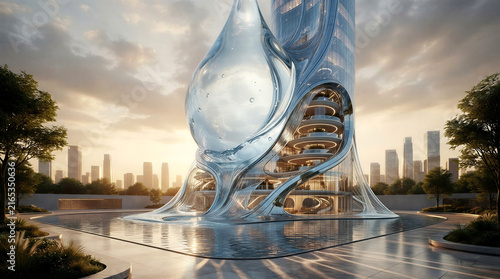 A gigantic transparent water droplet transforms into a monumental futuristic building