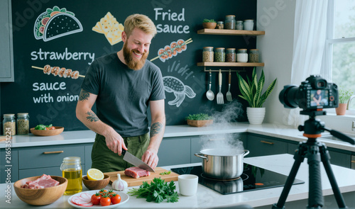 Caucasian young adult man filming cooking tutorial while chopping raw meat in home kitchen, creating food content for social media marketing, medium shot