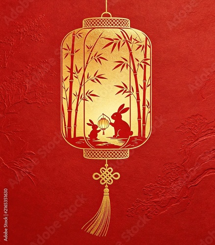 Red textured Mid-Autumn Festival poster with rose gold embossed lantern, bamboo and rabbit silhouettes, Chinese knot and tassels