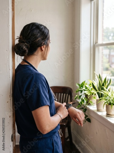 Female nurse checking smartwatch while looking out a bright window