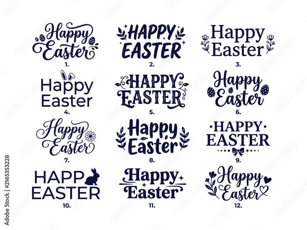 Obraz premium Collection of hand drawn happy easter lettering designs with floral elements