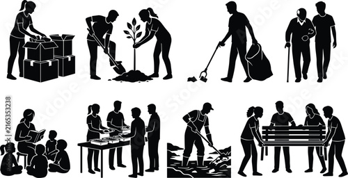 Community Service and Volunteer Silhouette Set Showing Helping, Teaching, and Environmental Activities