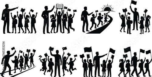 Children Learning and Education Silhouette Set with Teacher Guidance and Knowledge Concept