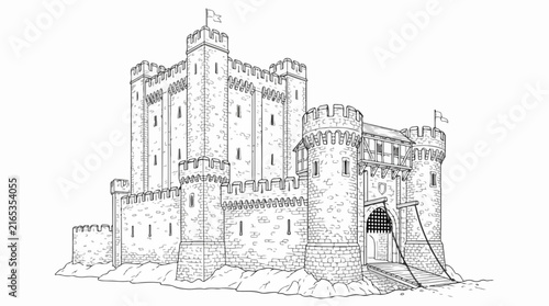 Line art drawing of medieval castle fortress with towers and drawbridge