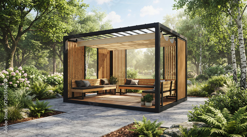 Modern wooden gazebo with seating on paved patio surrounded by lush greenery pergola outdoor living paved area