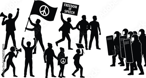 Freedom of Speech Protest Silhouette Set with Peace Symbols and Police Confrontation Scene