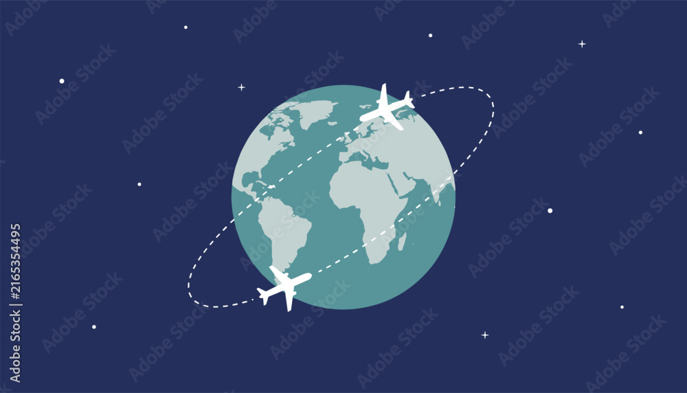 Fototapeta premium Two airplanes fly in orbits around a teal globe illustration set against a starry night sky background.